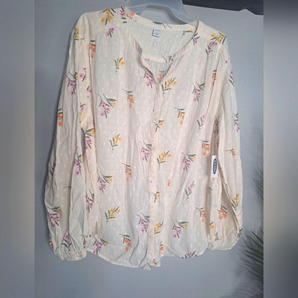 Old Navy Oversized Floral Flowers Ivory Long Sleeve Button-Down Shirt Sz LG #New